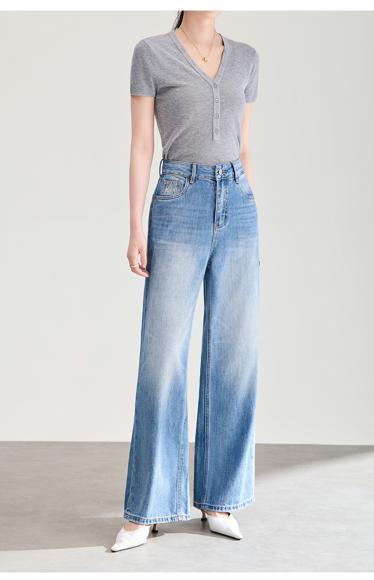 Quần jean ống rộng vải Tencel cotton phong cách retro, dáng suông rũ nhẹ mùa hè — xanh lam chi tiết 23