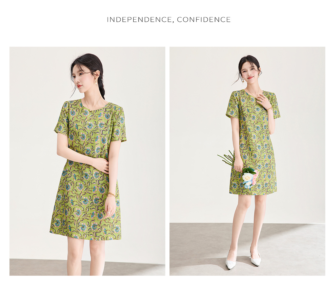 Đầm maxi nữ thắt eo tay ngắn họa tiết vintage chất lụa tơ tằm phối sợi gai — xanh lá cây chi tiết 13