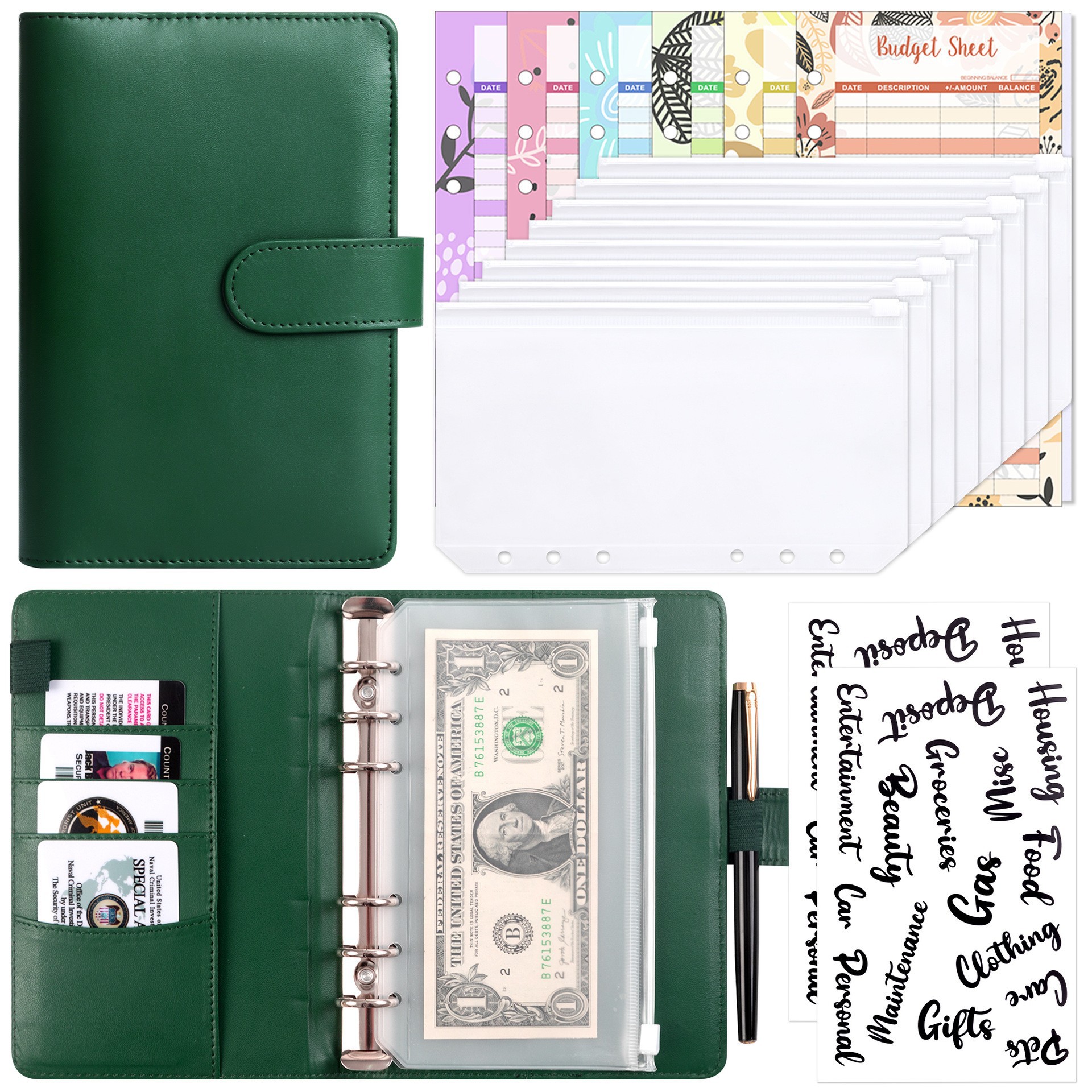 Presupuesto transfronterizo Cash Clip de hojas sueltas Bolsa con cremallera Sobres Libro de cuentas A6 Macarons PU Cuaderno de hojas sueltas de cuero