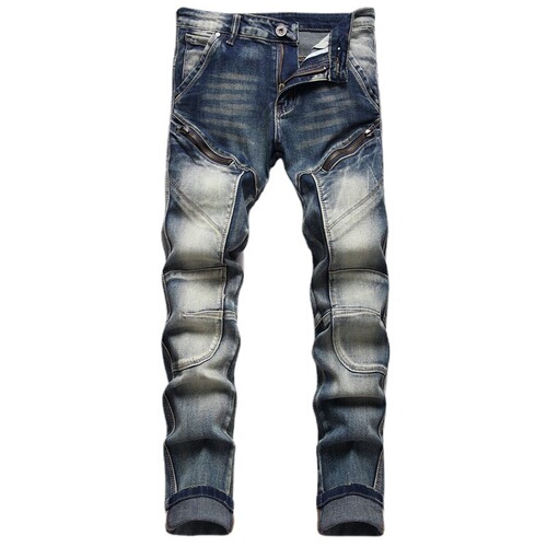 Men's Denim Jeans: Spring & Autumn Trendy, Versatile, Slim-Fit, Streetwear-Style Washed Vintage Trousers with Skinny Fit and Biker Details