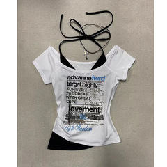 スイートガールホルターネック半袖Tシャツ女性用2025夏新デザイン偽ツーピースショートニッチスリムトップ