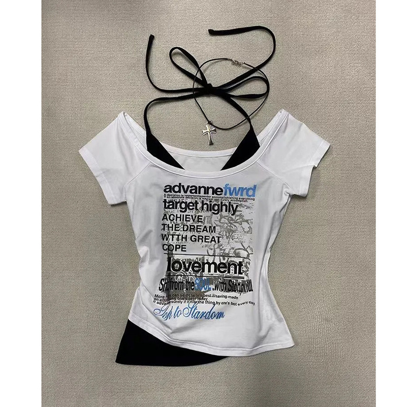 スイートガールホルターネック半袖Tシャツ女性用2025夏新デザイン偽ツーピースショートニッチスリムトップ|undefined