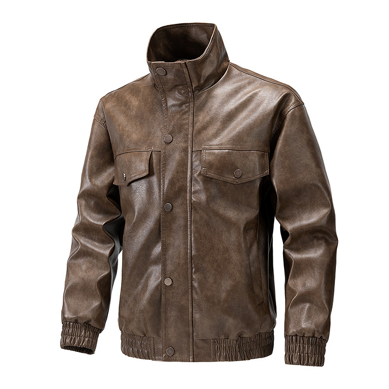 Chaqueta de cuero PU de estilo americano de hombre chaqueta de hombre primavera y otoño nuevo cuello vertical chaqueta de motocicleta universal chaqueta de moda chaqueta