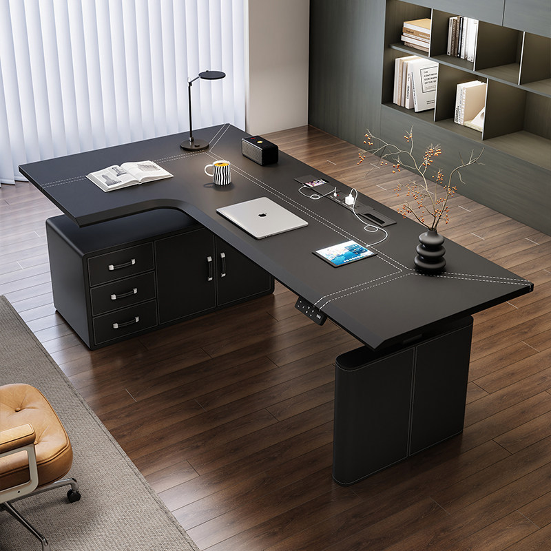 转角电动升降桌l型拐角电脑桌带储物马鞍皮电竞书桌办公桌