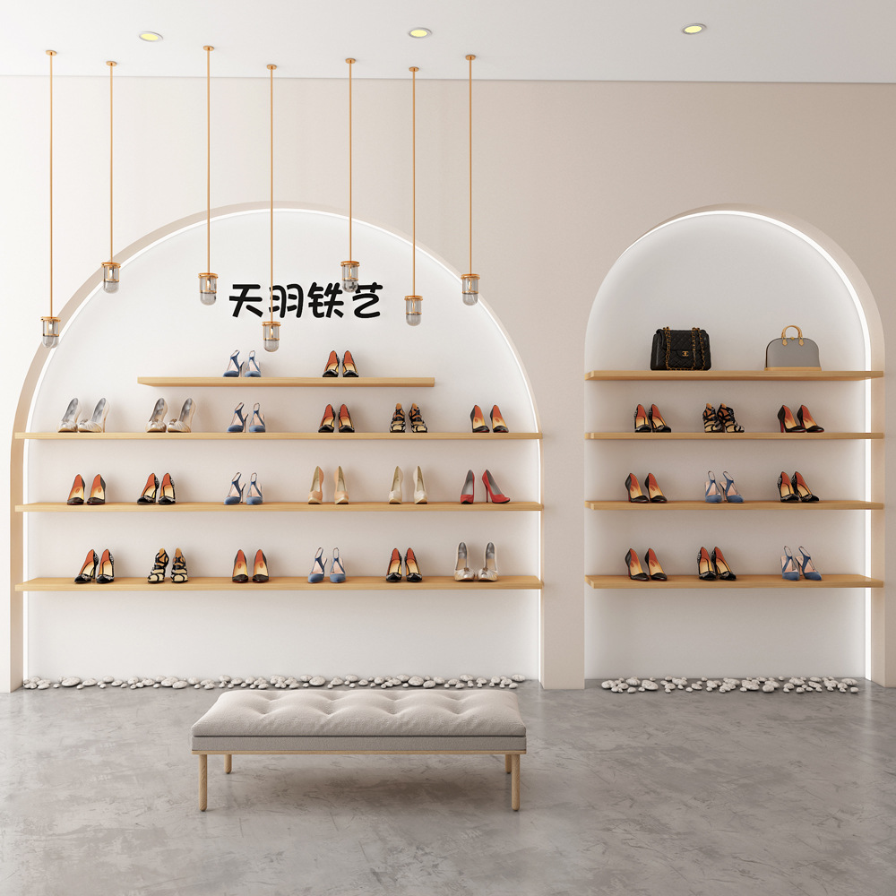 免费3D设计服装店鞋店鞋架展示架实木上墙陈列鞋架一字隔板包包架