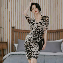 外贸女装2025韩版春秋装新款性感豹纹印花V领中袖连衣裙女包臀短