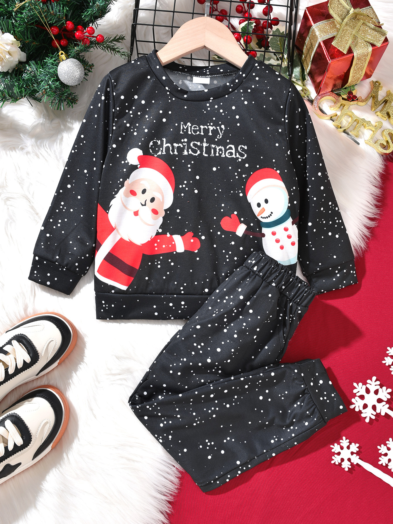 Long Sleeve Sleeve Length Polyester Fabric Type Pants Sets Sets Type Christmas Cute Santa Claus Letter Snowman Knitted Polyester Boys Clothing Sets