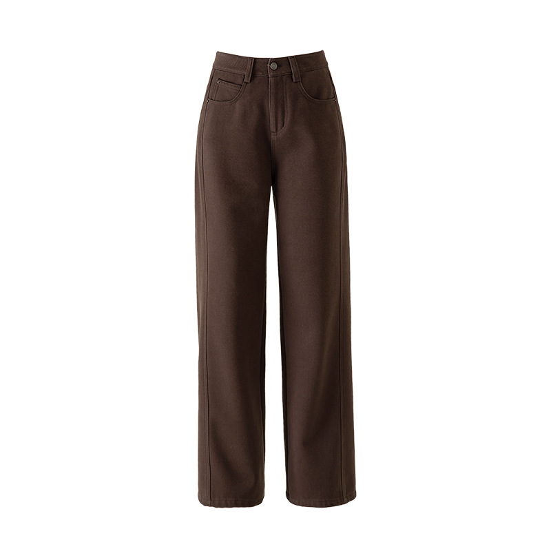 Quần ống rộng cotton linen lót lông mùa đông dáng suông ống thẳng — Màu cà phê