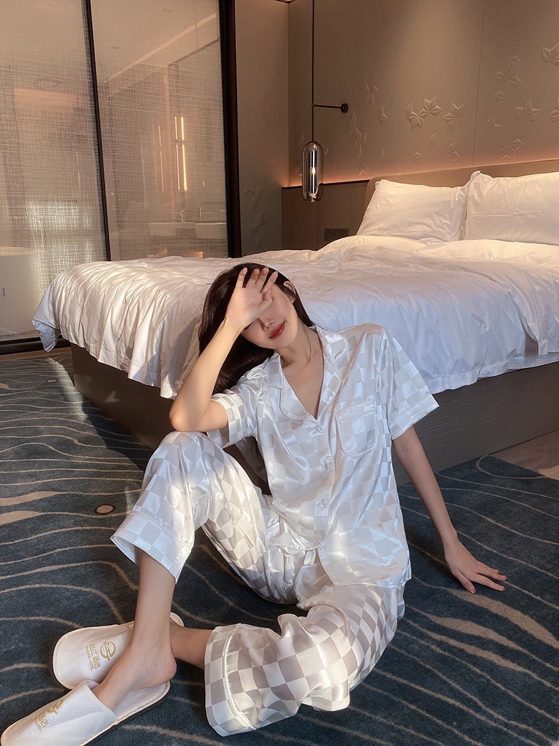 夏季新款睡衣女夏短袖长裤格子冰丝套装亚马逊家居服抖音一件代发<br