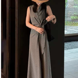 法式系带收腰格子背心裙连衣裙女夏新款今年流行爆款黑蓝裙子长裙