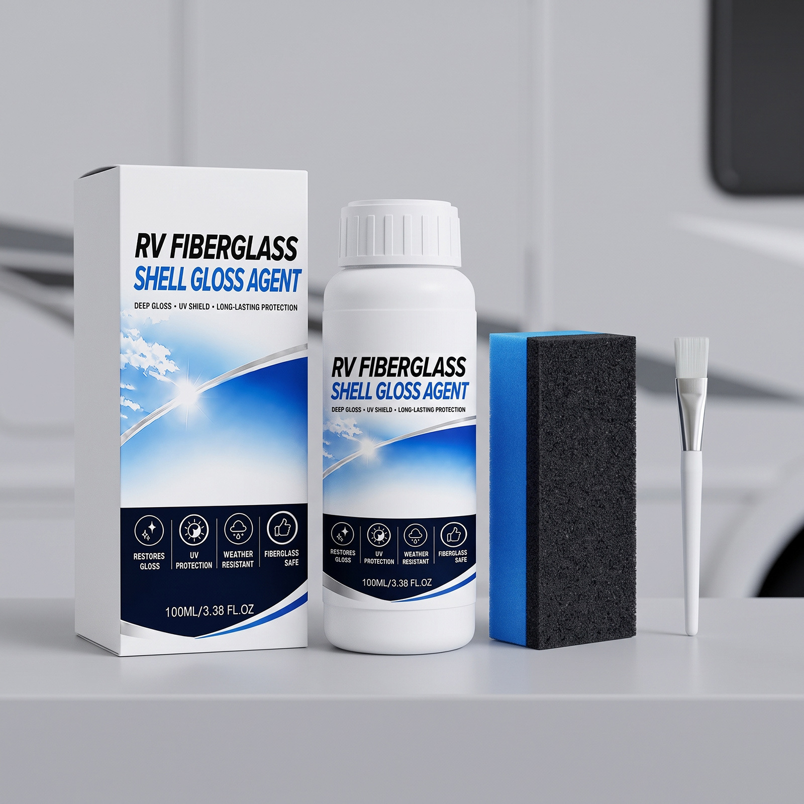 RV fiberglass exterior polish: RV body glass cleaner, polisher, brightener, and protective coating for maintenance