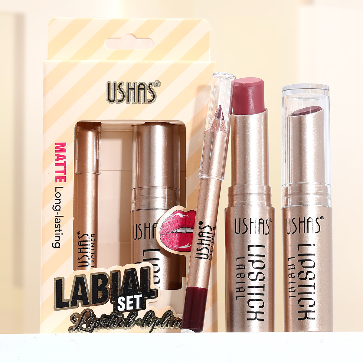 USHAS Europa y los Estados Unidos en stock transfronterizo lápiz labial + lápiz labial impermeable a prueba de agua permanente conjunto de lápiz labial US011