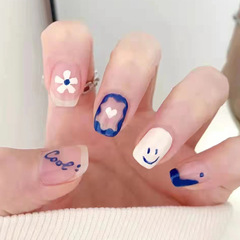White, fresh and cute blue short manicure stickers with small flowers, smiling faces and hearts, removable wearable nail stickers wholesale