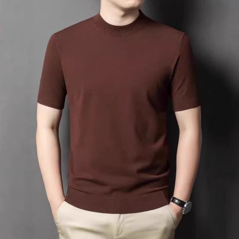 In-Stock Spring and Autumn Men's Fine-Knit Short-Sleeve Sweater, Suitable for Middle-Aged Dads, Machine Washable, Non-Pilling, Loose-Fitting Knit Base Shirt