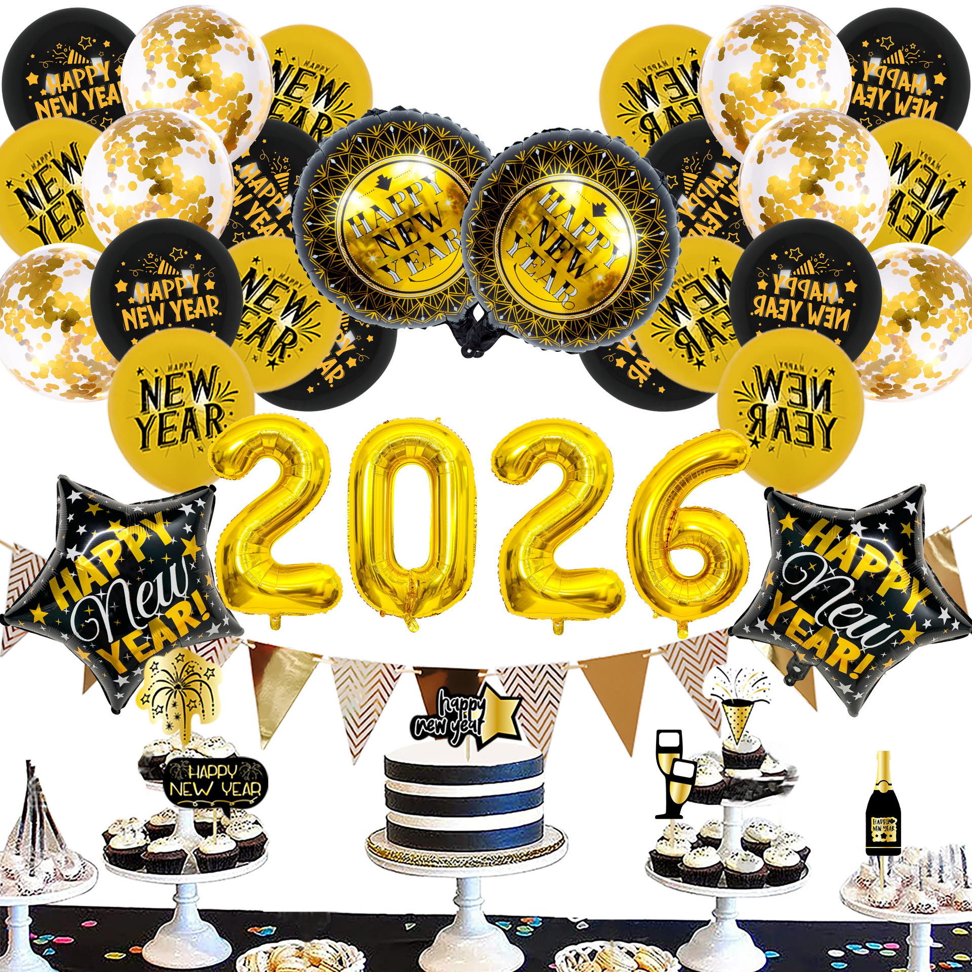Set de Globos Decorativos Año Nuevo Dorado 2026 - Pack de 2