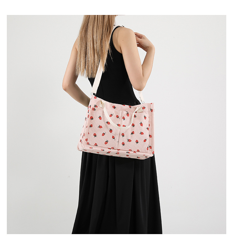 300g Weight Polyester Lining Material Zipper Closure Type Single Shoulder Strap Strap Type Tote Bag Bags Type Casual, School Occasion Corduroy Material Solid Color, Strawberry Pattern All Seasons Season Women's Gender Basic, Classic Style Style Square Shape Large Size Women's Large Corduroy Solid Color Strawberry Basic Classic Style Square Zipper Tote Bag 9
