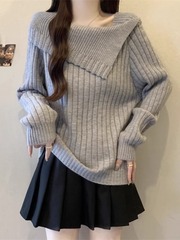 一字肩翻领长袖毛衣女2025秋季大码胖mm宽松显瘦慵懒针织上衣