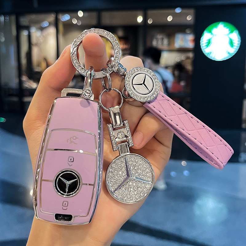 모델 B [보라색 키 커버 + 다이아몬드 반지 자동차 로고 가죽 버클 + 다이아몬드 자동차 로고]