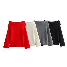 2024秋冬季新品欧美跨境女装气质一字肩长袖毛衣上衣 w063 2839