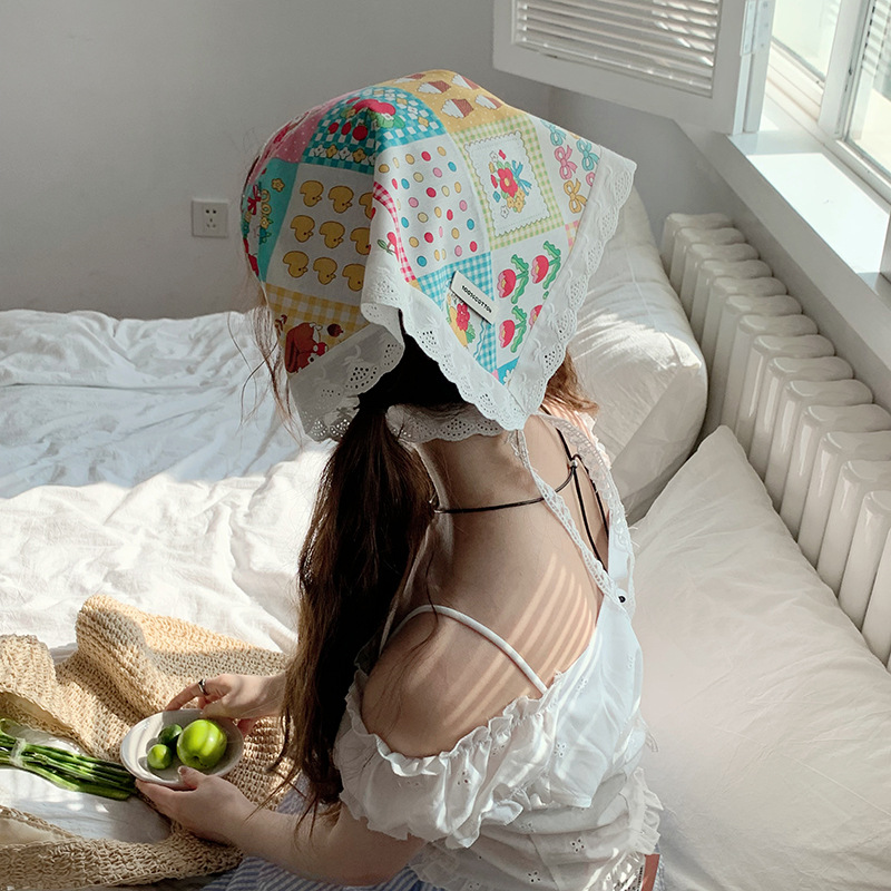 Pañuelo de seda de confinamiento de encaje de diadema francés de alta gama ins pañuelo de playa de fotografía de viaje de verano de alta gama