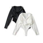 7651-25秋款天丝修身假两件连体衬衫法式薄款收腰POLO领上衣女