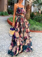 W 61383 Print Two Piece Set with Tiered Skirt ӡ���ɼ����Lȹ