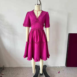 2025春季新品欧美外贸速卖通露背V领收腰泡泡袖木耳边长袖连衣裙