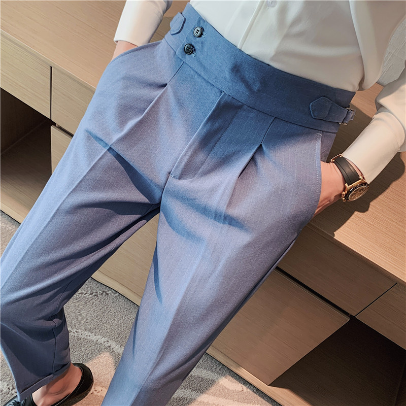 Pantalones de traje de los hombres naples italianos pantalones de cintura alta pantalones de los hombres de otoño e invierno teñido de hilo oscuro a rayas de calidad pantalones casuales