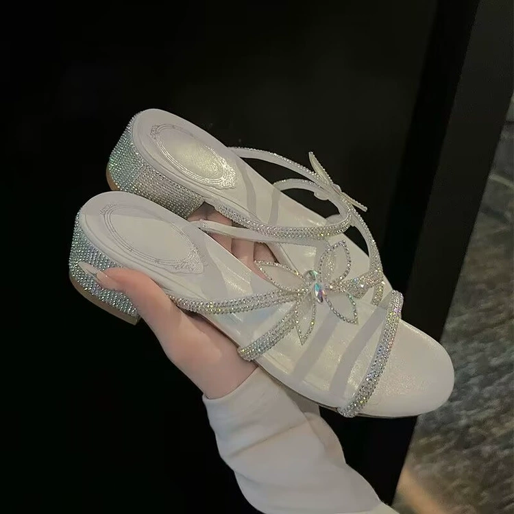 2024 летние новые модные сандалии на шпильке со стразами и бантом на высоком каблуке тапочки на шпильке женская обувь оптом