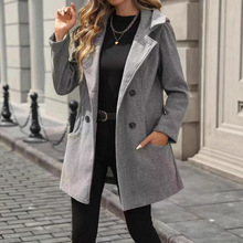 2025跨境亚马逊新款冬季保暖毛呢收腰连帽外套呢子中长款大衣女装