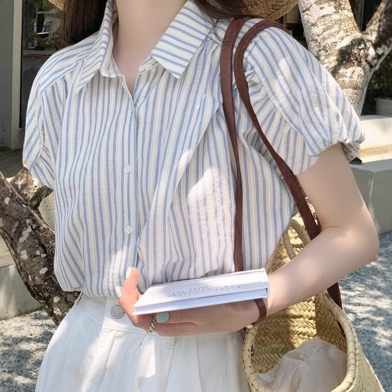 French Blue and White Vertical Stripesd Right Shoulder Short-Sleeved Shirt for Women Summer Thin Shirt Cardigan with Small Flying Sleeve Top Trendy