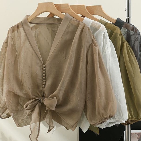 Summer New Fashion Design Niche Puff Sleeve Shirt for Women, French Style Thin Lace-Up Sun Protection Chiffon Top