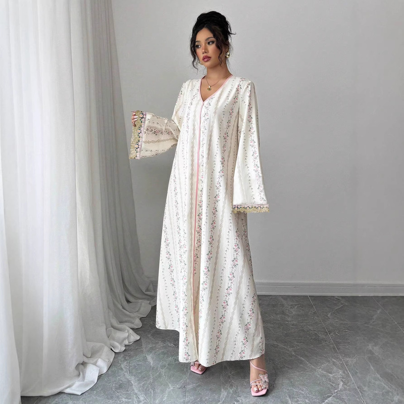 Cross-Border New Elegant Robe-Style Women's Embroidered Lace Long-Sleeved Dress