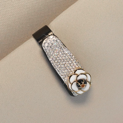 Cute Diamond-encrusted Women's Car Sun – Car Glasses Clip/Bill Clip - hollow-white-camellia-white-full-diamond-small-glasses-clip