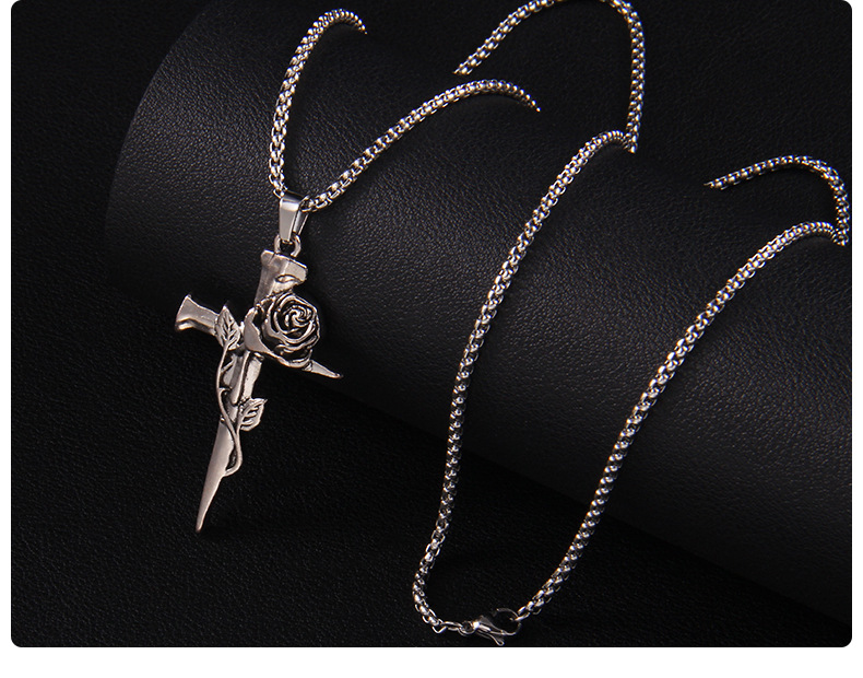 201 Stainless Steel Zinc Alloy Gothic Punk Streetwear Plating Cross Rose Pendant Necklace display picture 3