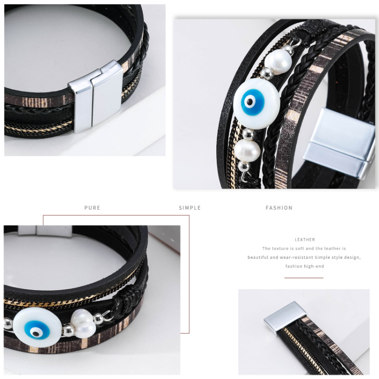 Bohemian multi-layer woven devilu0027s eye pearl leather bracelet