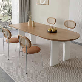 奶油风实木岛台餐桌异形长方形靠墙半圆弧椭圆家用书桌餐桌椅组合