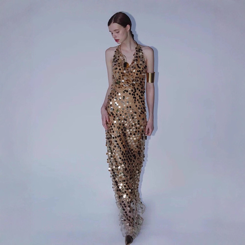 2025 Heavy-Duty Mesh Sequin Swing Collar Halterneck Large Backless Slim Dress Slimming Luxury Evening Dress Long 2025 Heavy-Duty Mesh Sequin Swing Collar Halterneck Large Backless Slim Dress Slimming Luxury Evening Dress Long