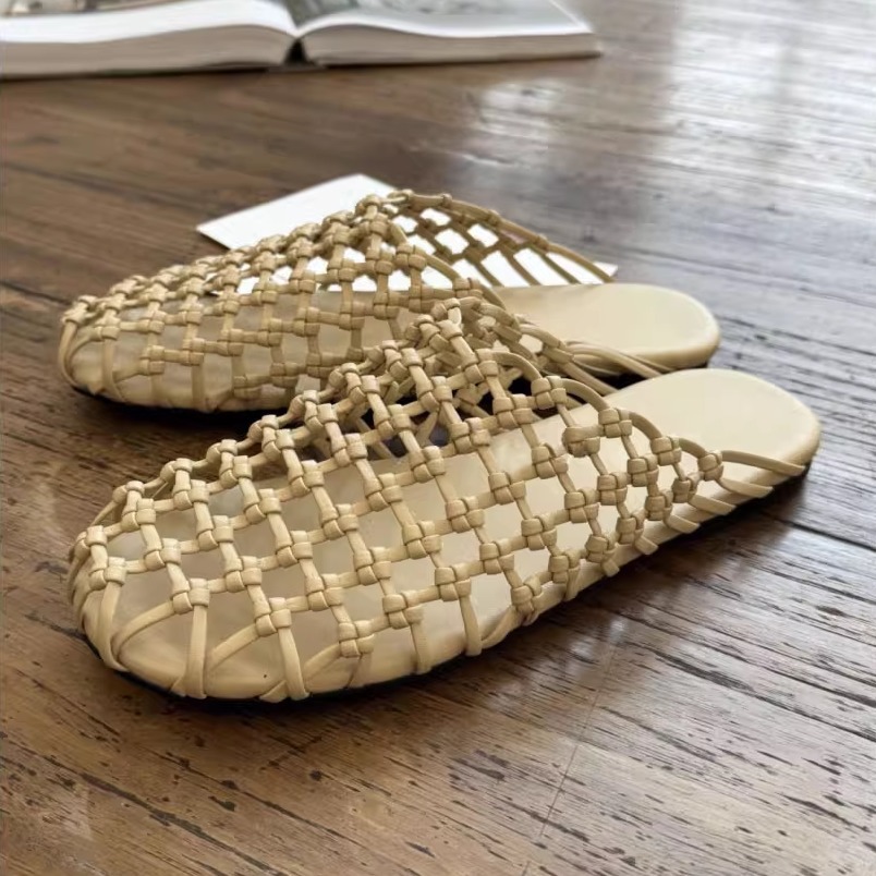 Sheepskin version ~ hand woven mesh breathable hollow fishing net flat bottom closed head half slippers women summer wear mueller shoes