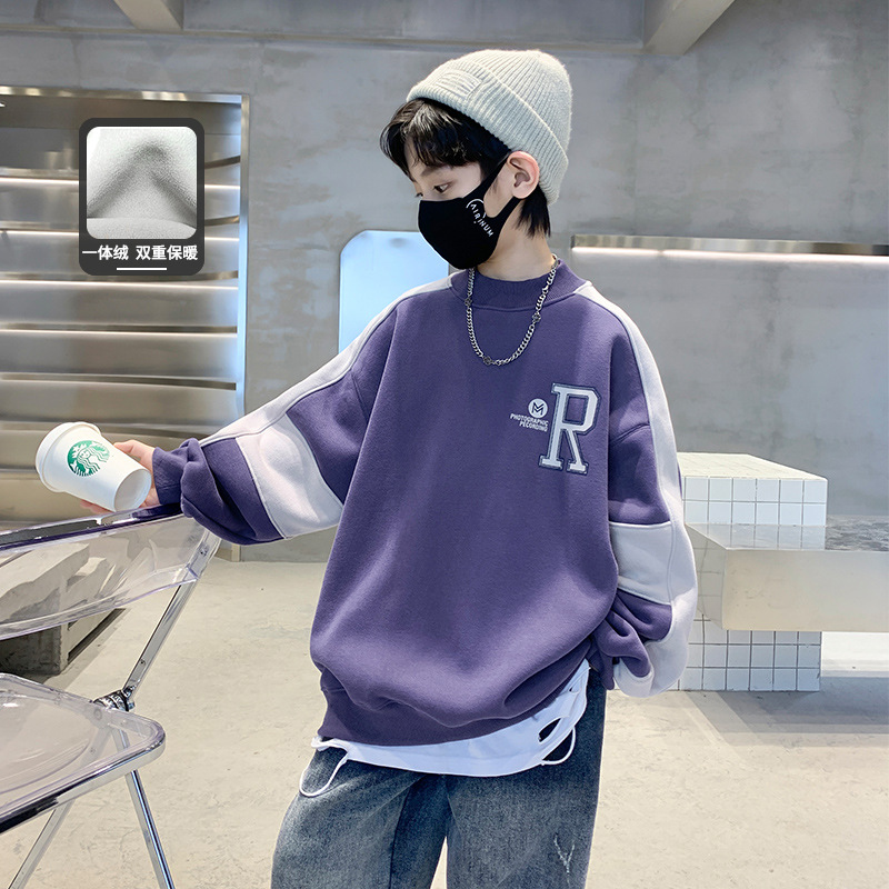 Children's fleece-lined Stitching Sweater One-piece Velvet Winter 2025 New Boys' Base Shirt Thickened Winter Korean Style Children's fleece-lined Stitching Sweater One-piece Velvet Winter 2025 New Boys' Base Shirt Thickened Winter Korean Style