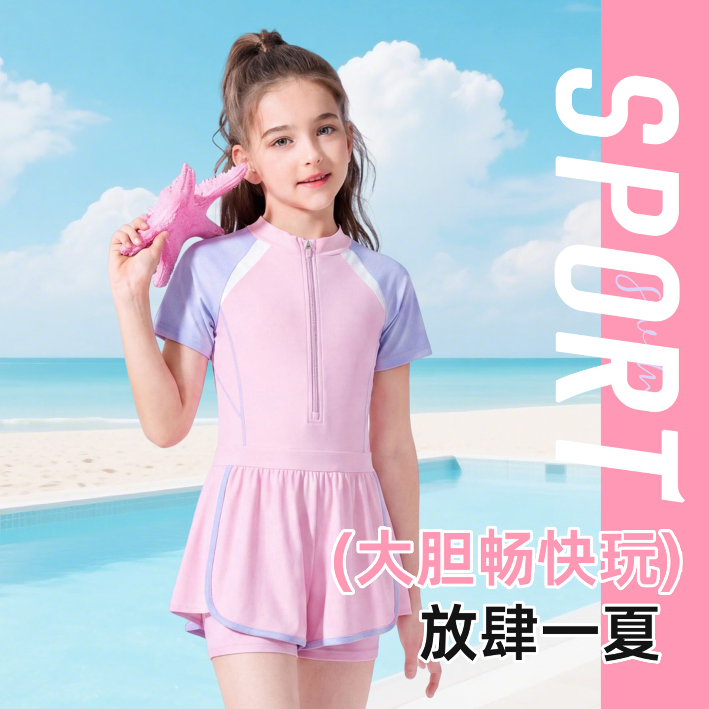 Girls' One-Piece Swimsuit with UPF50+ Sun Protection, Summer 2026 New Style, Beach Swimwear Training Suit for Girls