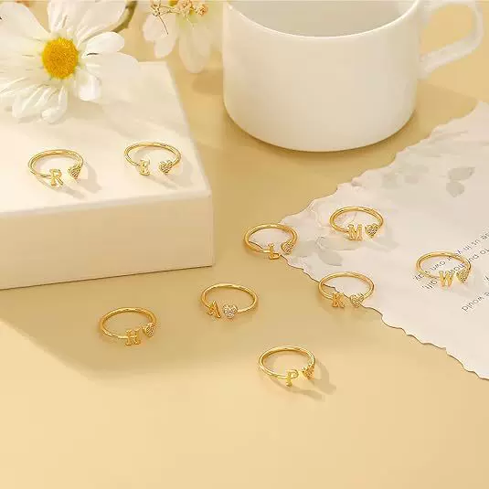 European and American Jewelry Micro-Paved Zircon Heart 26 Letter Ring Your Name Ring Personalized Plain Ring Open Index Finger