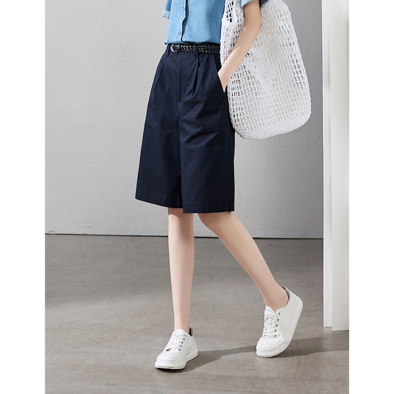 Quần short nữ cạp cao ống rộng chữ A dáng suông mùa hè — Màu be, Màu xanh navy chi tiết 4