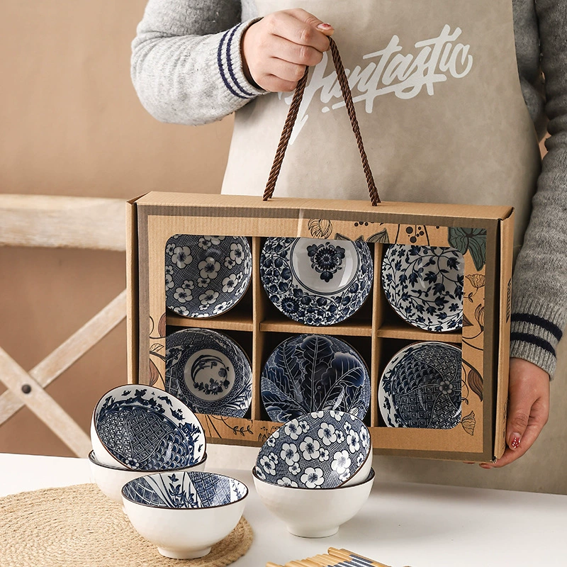 Japanese blue and white ceramic retro tableware, gift box, set, Birthday gift