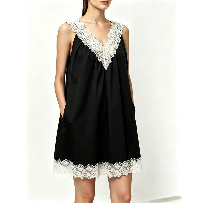 Lace V-neck sleeveless loose short dress European and American holiday pocket A-line dress Lace V-neck sleeveless loose short dress European and American holiday pocket A-line dress