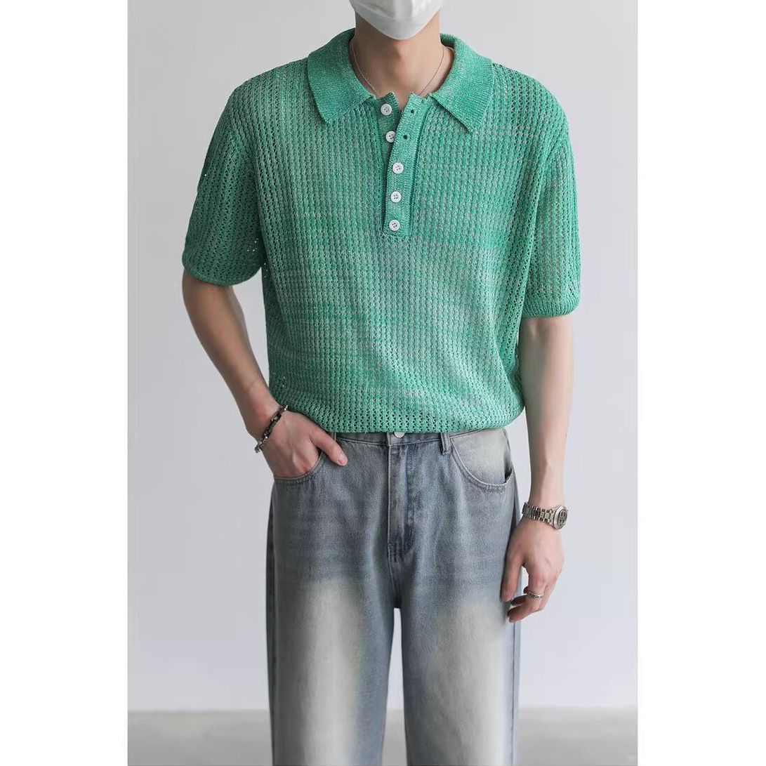 Polo camiseta de punto camiseta de manga corta camiseta de hombre solapa hueco textural viejo dinero viento hielo seda fábrica transfronteriza al por mayor