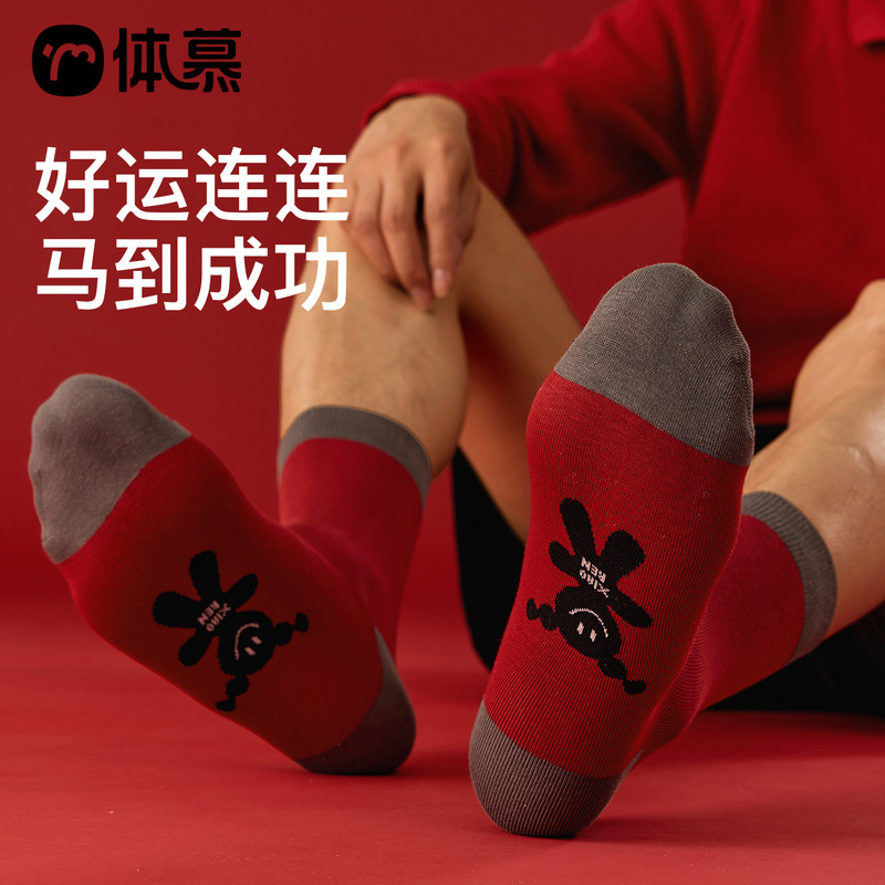 New Year Red Socks for Men and Women, Year of the Horse, Zodiac Year, Good Luck, Trendy Internet Celebrity Sports Mid-Tube Cotton Socks Wholesale