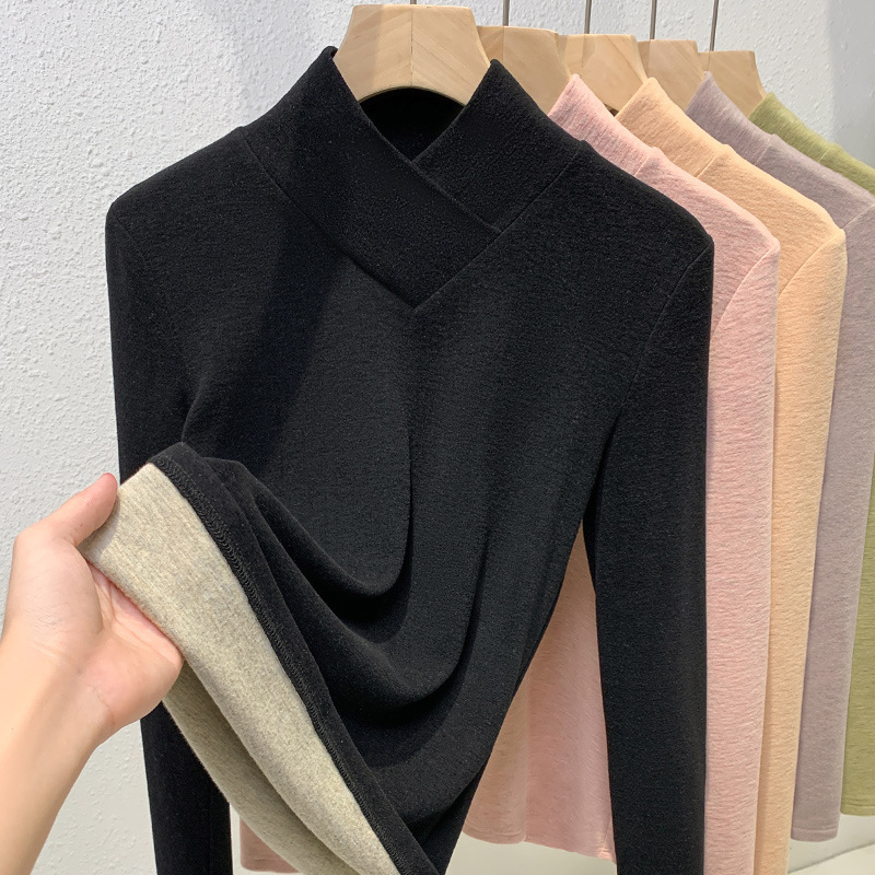 La mitad de las mujeres de terciopelo de cuello alto camisa de fondo 2023 nuevo estilo occidental de las mujeres cuello superpuesto cepillado camiseta caliente interior superior image 9