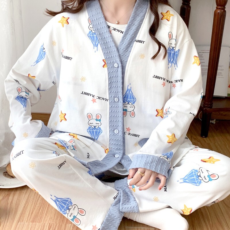 Spring and Autumn Cotton Breastfeeding Three-piece Set with Chest Pad for Delivery Thin Pajamas for Pregnant Women