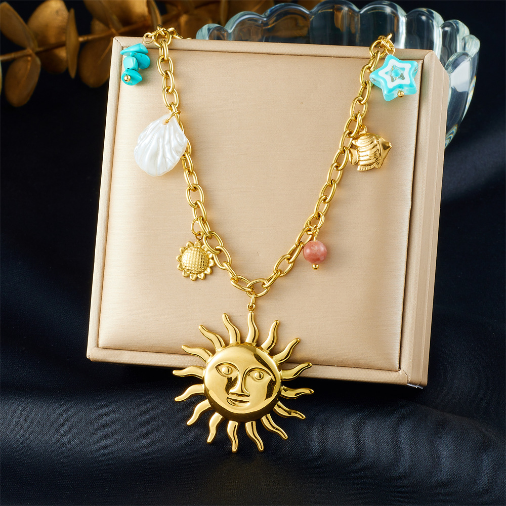 Holiday Style Sun Tropical Fish Star Sunflower charm Gold-Plated Stainless Steel Necklace